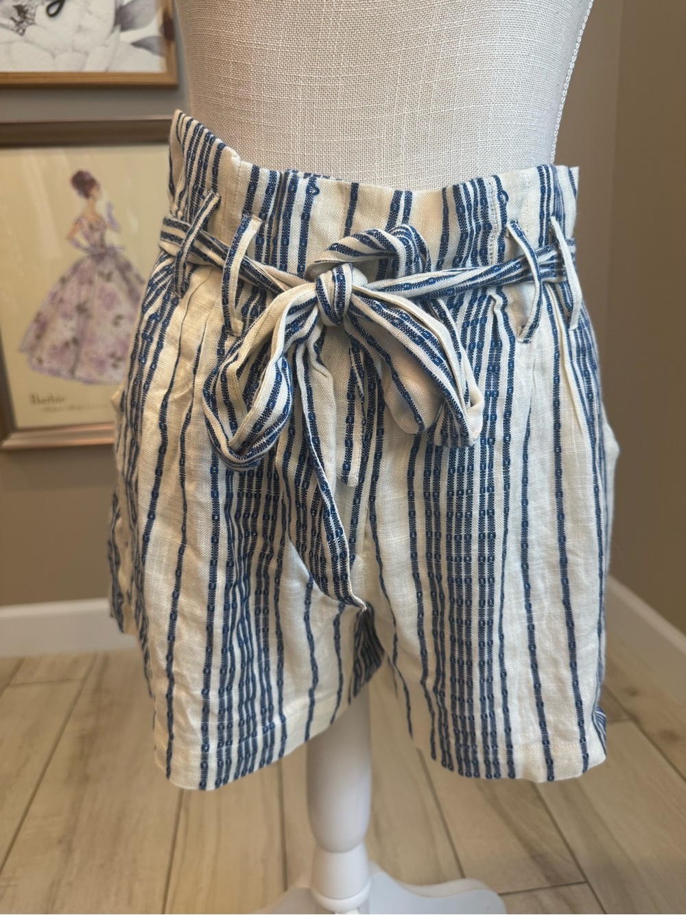 NWT! En Créme Boutique Blue & Cream Striped High-Waist Paper-bag Shorts